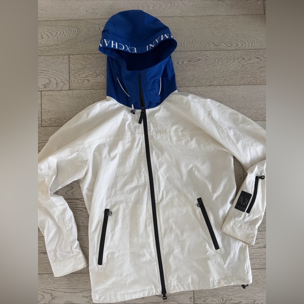 White Armani exchange Hooded Windbreaker Jacket with logo  size small